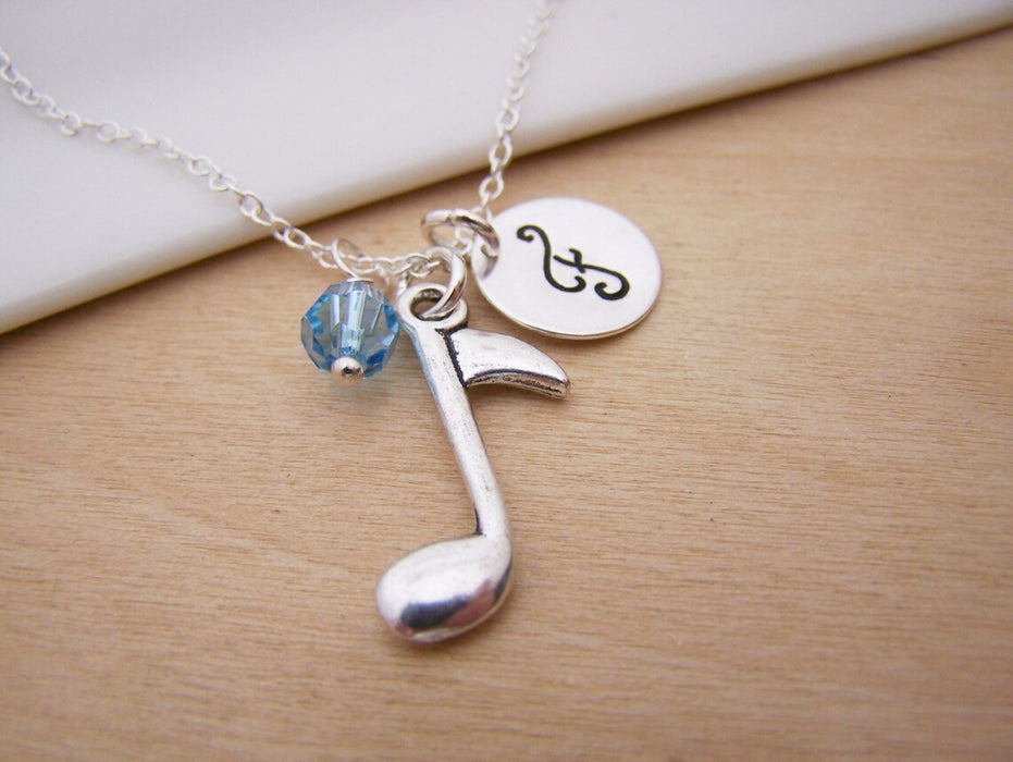 Personalized Music Note Necklace – Sterling Silver with Birthstone & Initial Charm