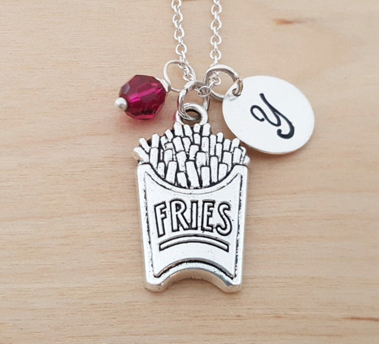 French Fries Necklace – Sterling Silver with Birthstone & Initial Charm