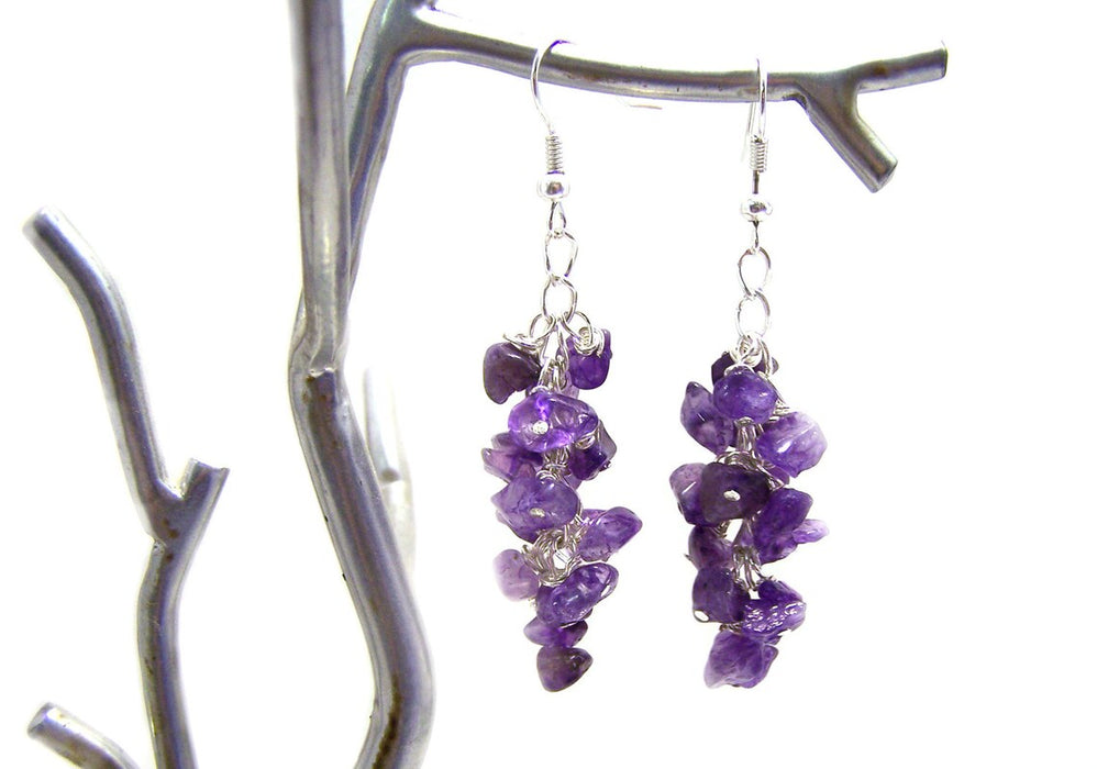 Enchanting Amethyst Gemstone Wire Wrapped Cluster Sterling Silver Earrings