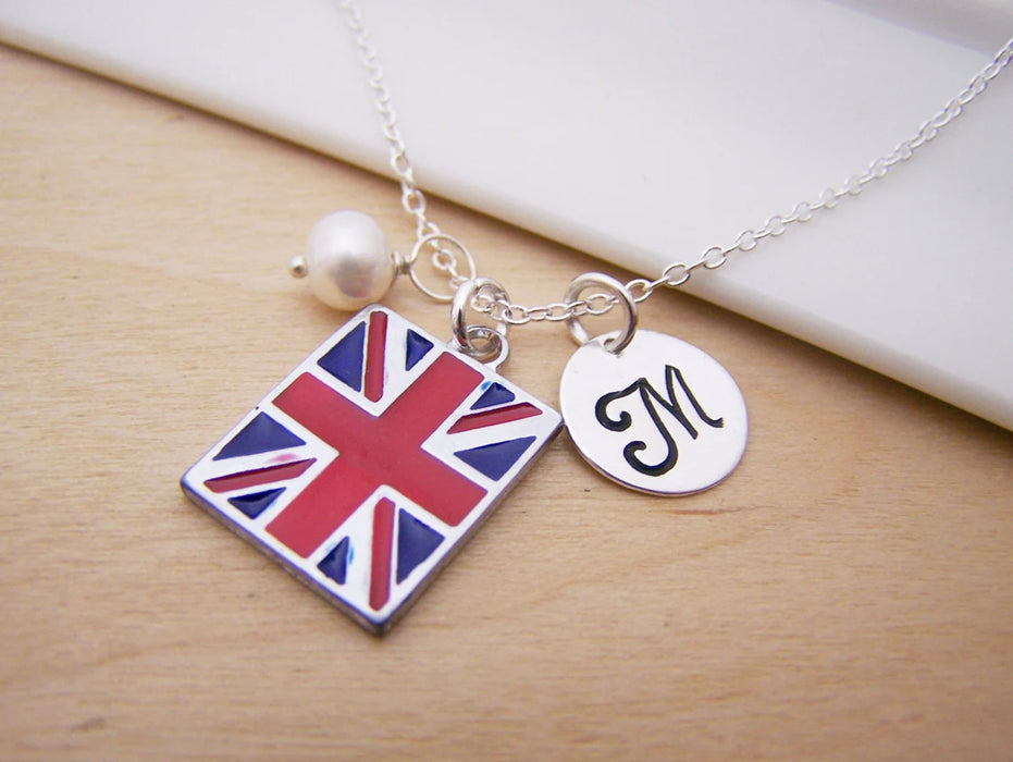 Union Jack Necklace – Sterling Silver with Birthstone & Initial Charm