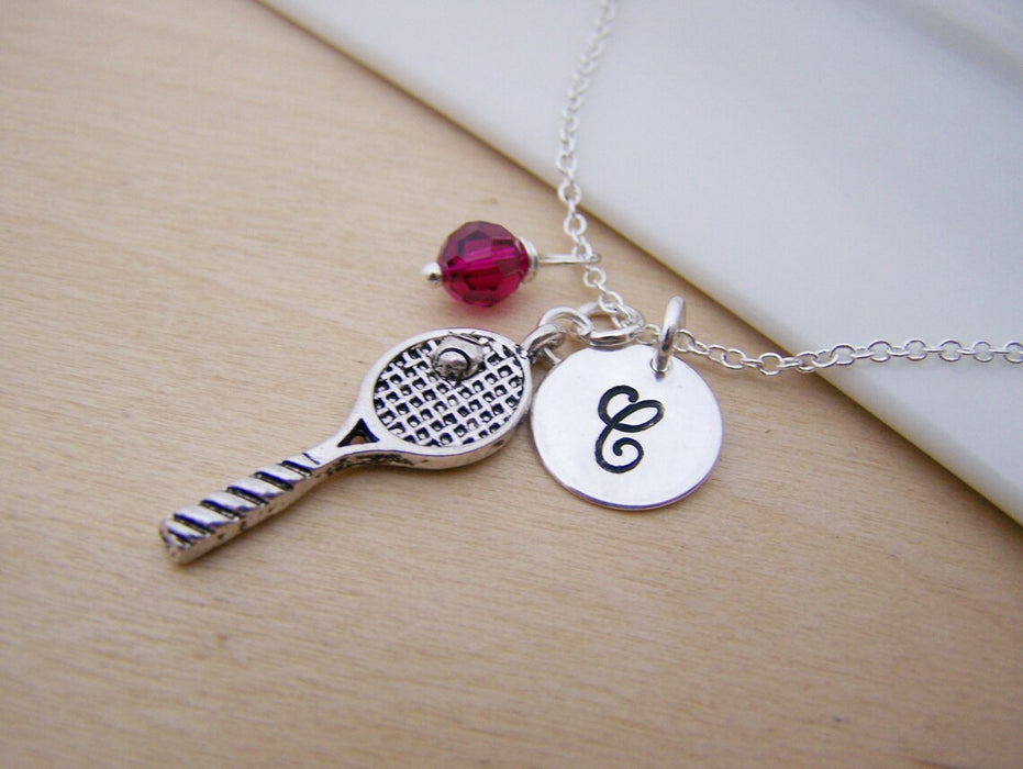 Tennis Racquet Necklace – Sterling Silver with Birthstone & Initial Charm