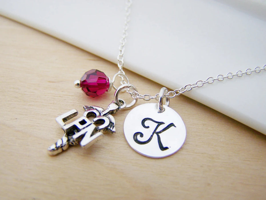 LPN Nurse Necklace – Sterling Silver with Birthstone & Initial Charm