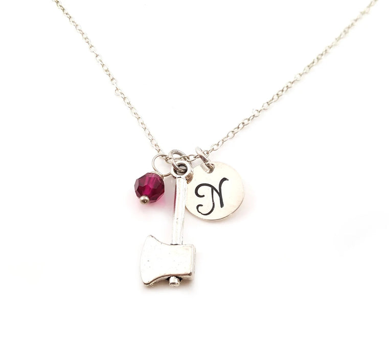 Personalized Axe Necklace – Sterling Silver Chain with Birthstone & Initial