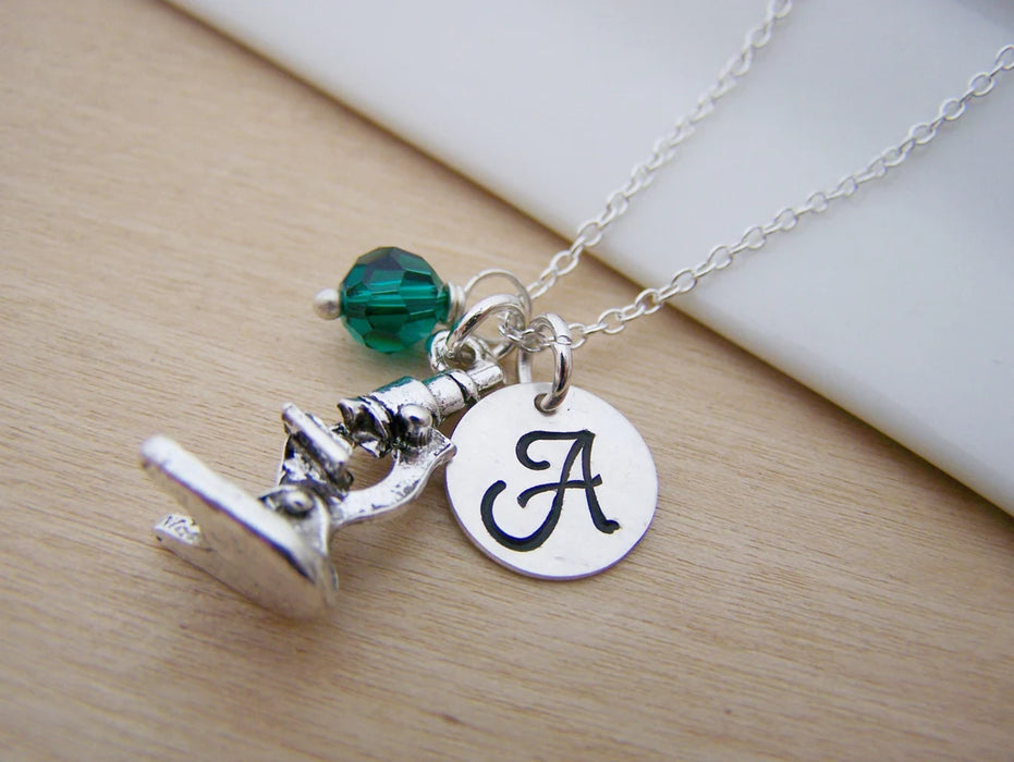 Personalized Microscope Necklace – Sterling Silver Chain with Birthstone & Initial