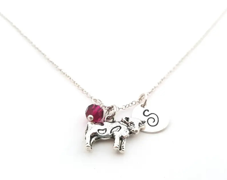 Personalized Cow Necklace – Sterling Silver Chain with Birthstone & Initial