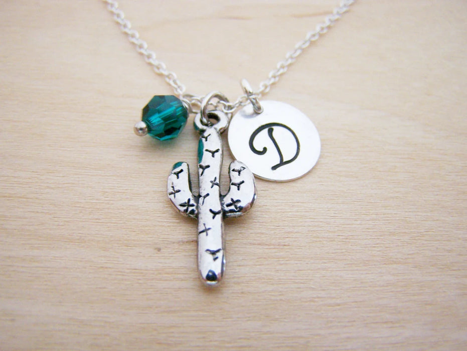 Cactus Necklace – Sterling Silver with Birthstone & Initial Charm