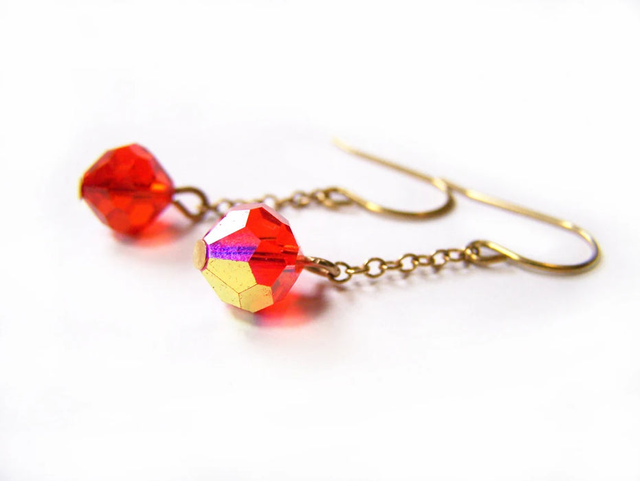 Dainty Red Swarovski Crystal Chain Dangle Gold Brass Earrings / Gift for Her