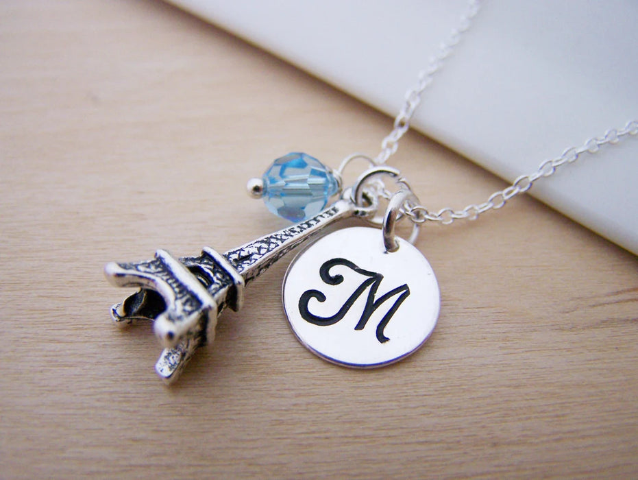 Eiffel Tower Necklace – Sterling Silver with Birthstone & Initial Charm