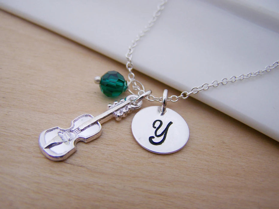 Personalized Violin Necklace – Sterling Silver with Birthstone & Initial Charm