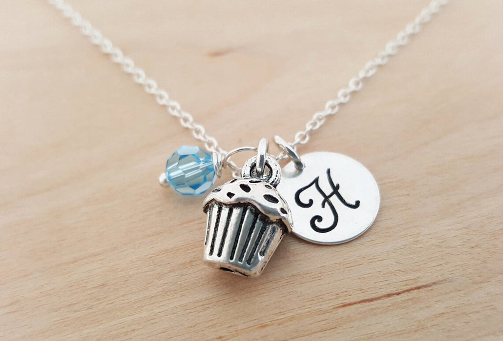 Cupcake Necklace – Sterling Silver with Birthstone & Initial Charm