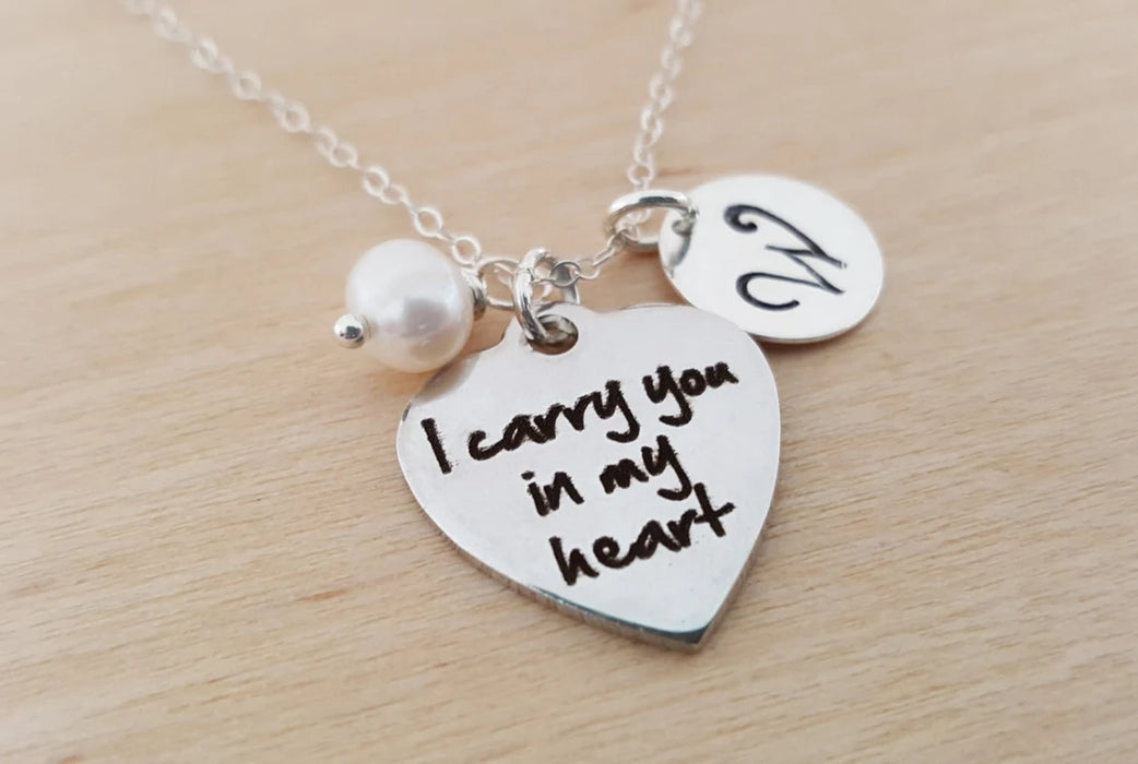 I Carry You in My Heart Necklace – Sterling Silver with Birthstone & Initial Charm