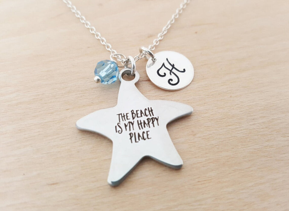 The Beach Is My Happy Place Necklace – Sterling Silver with Birthstone & Initial – Personalized Beach Jewelry
