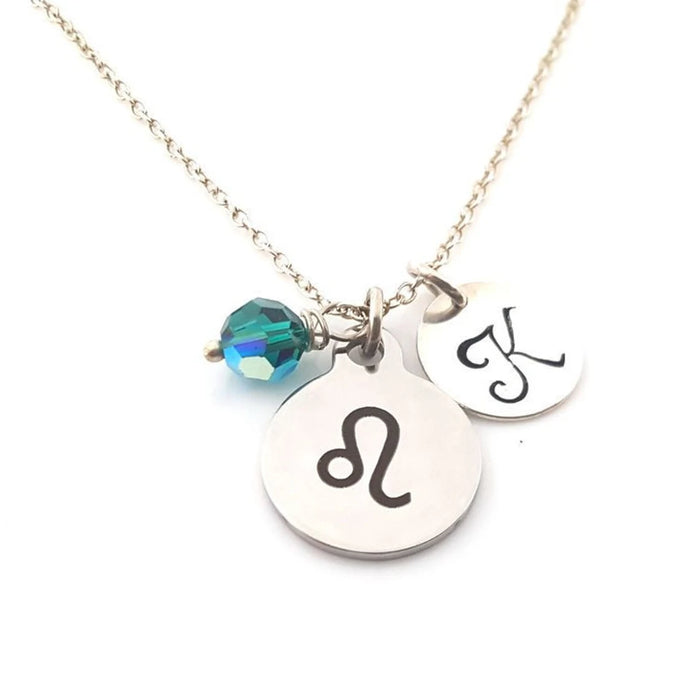 Personalized Leo Zodiac Necklace – Sterling Silver Chain with Birthstone & Initial