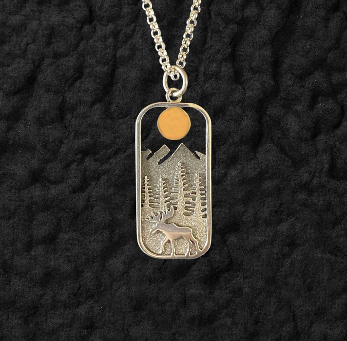 Sterling Silver Moose Necklace – Rectangle Charm with Bronze Sun on 18" Chain