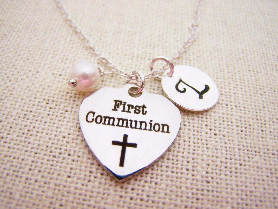 First Communion Necklace – Sterling Silver with Pearl, Initial & Stainless Steel Heart Charm