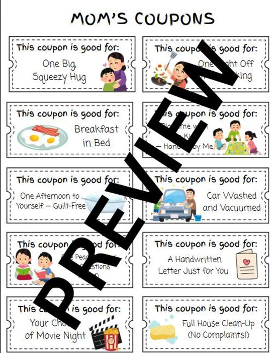 Editable mom coupon book with colorful, kid-friendly designs