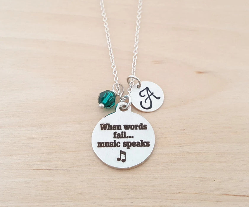 When Words Fail Music Speaks Necklace – Sterling Silver with Birthstone & Initial Charm