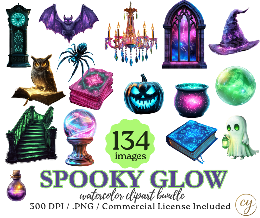 Spooky Glow Watercolor Clipart Bundle – 134 PNGs, 300 DPI, Commercial License