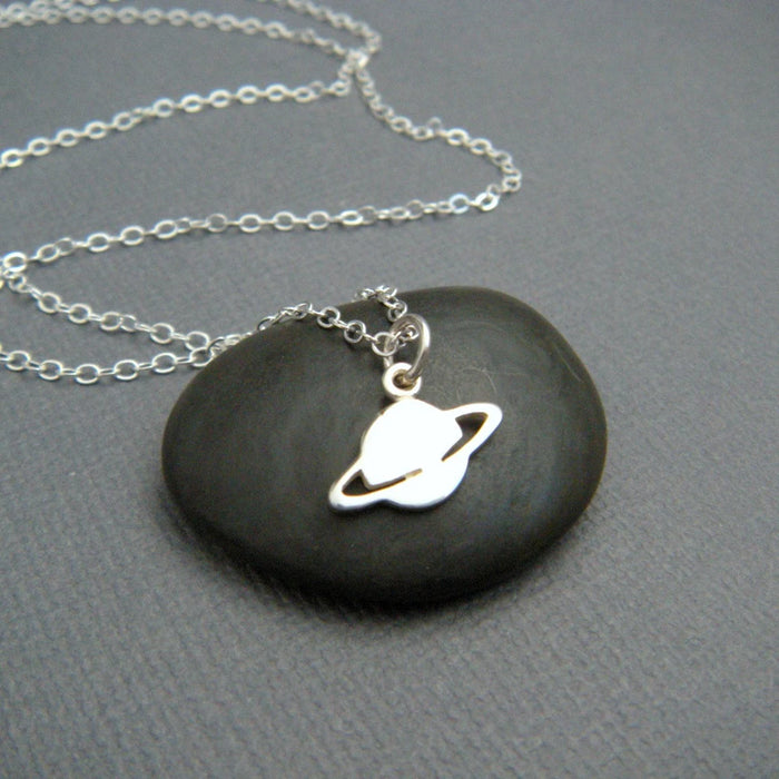 Tiny Saturn Necklace – Sterling Silver Planet with Ring Charm on 16" Chain