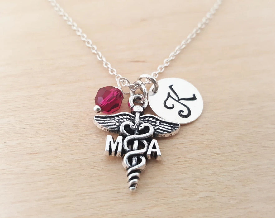 Medical Assistant Necklace – Sterling Silver with Birthstone & Initial Charm