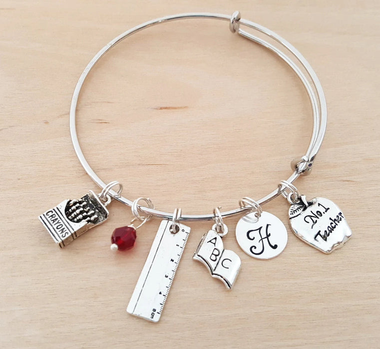 Personalized Teacher Bracelet – Adjustable Bangle with Birthstone & Initial