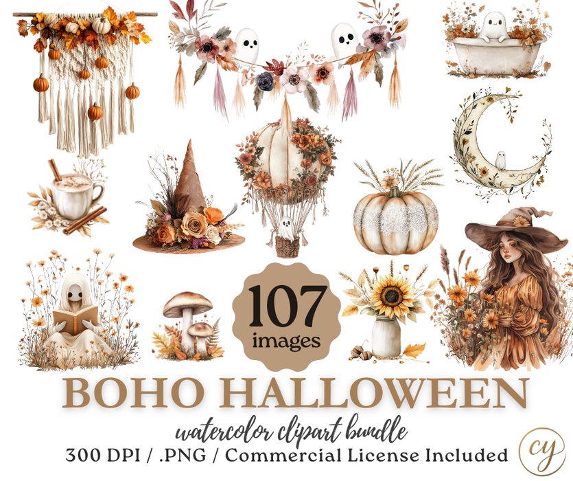Boho Halloween Watercolor Clipart Bundle – 107 PNGs, 300 DPI, Commercial License