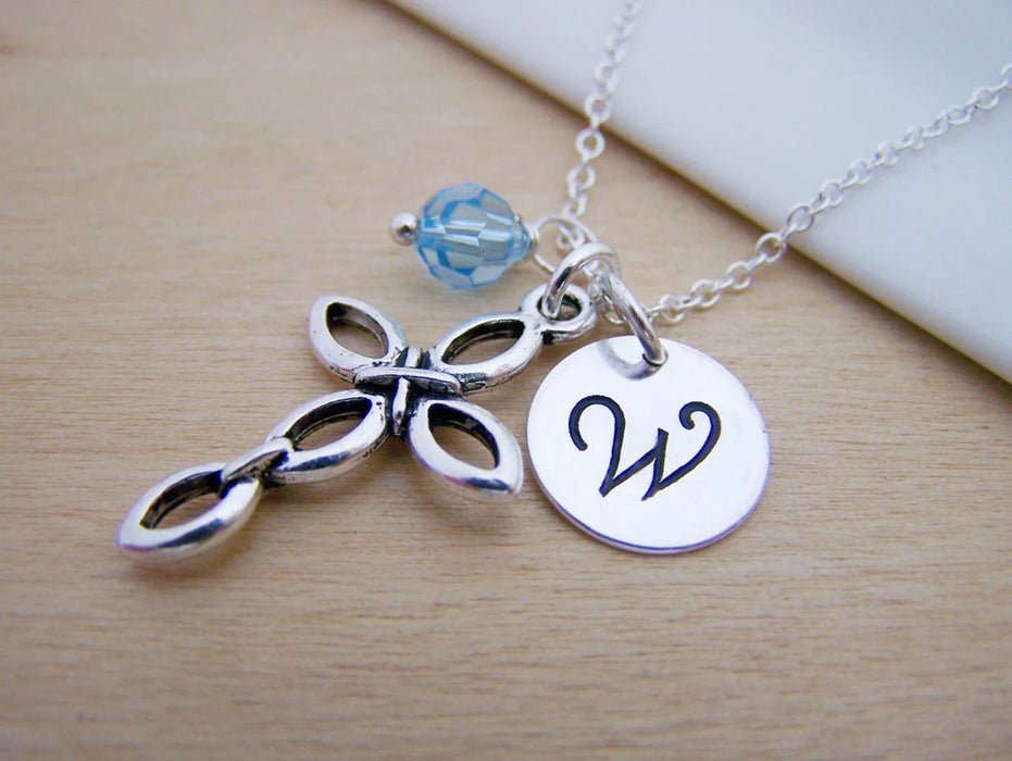 Personalized Cross Necklace – Sterling Silver Chain with Birthstone & Initial