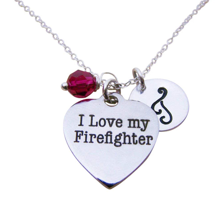 I Love My Firefighter Necklace – Personalized Sterling Silver Jewelry with Initial & Birthstone or Pearl