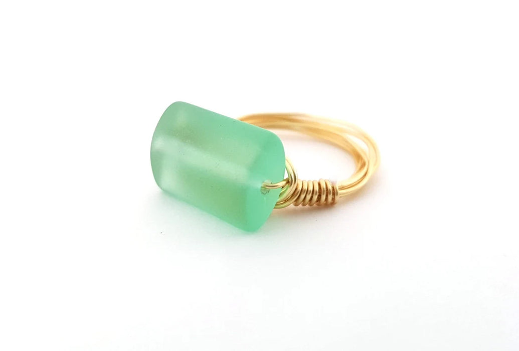 Aqua Sea Glass Ring - Gold Wire Wrapped Ring - Ring Size 6