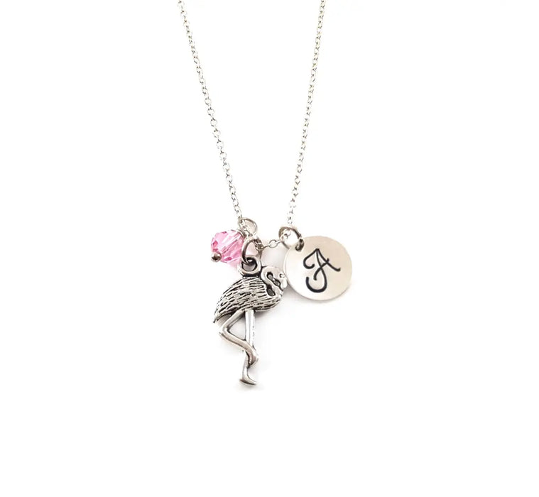 Flamingo Necklace – Sterling Silver with Birthstone & Initial Charm