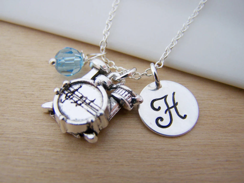 Drums Necklace – Sterling Silver with Birthstone & Initial Charm