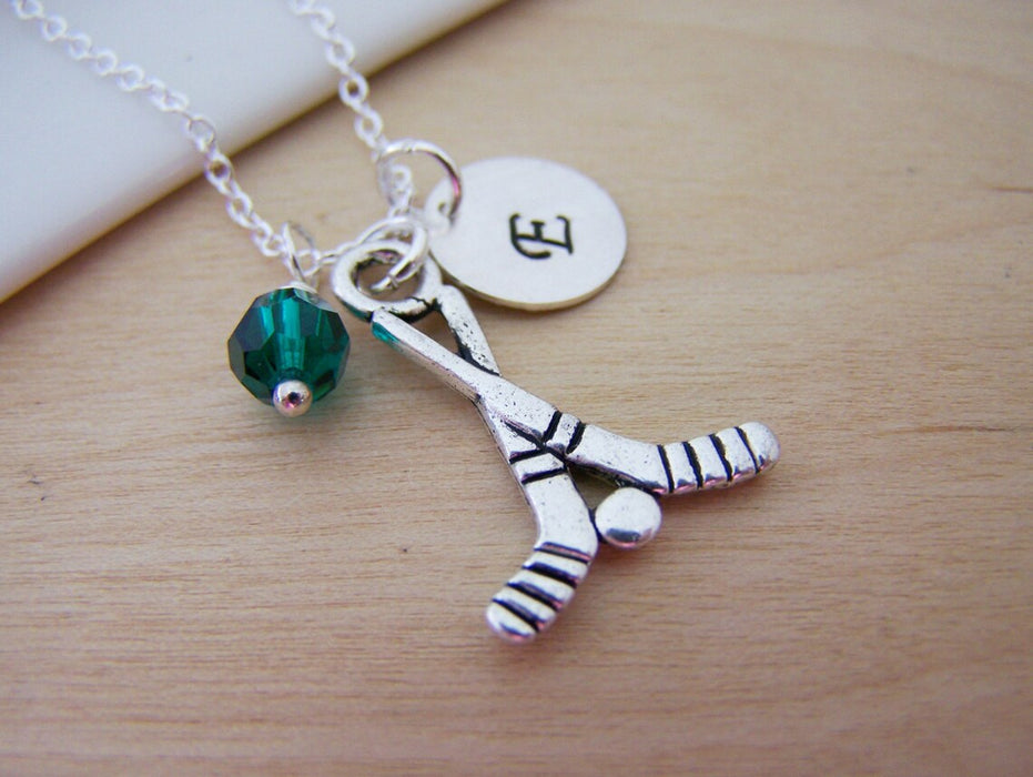 Hockey Stick Necklace – Sterling Silver with Birthstone & Initial Charm