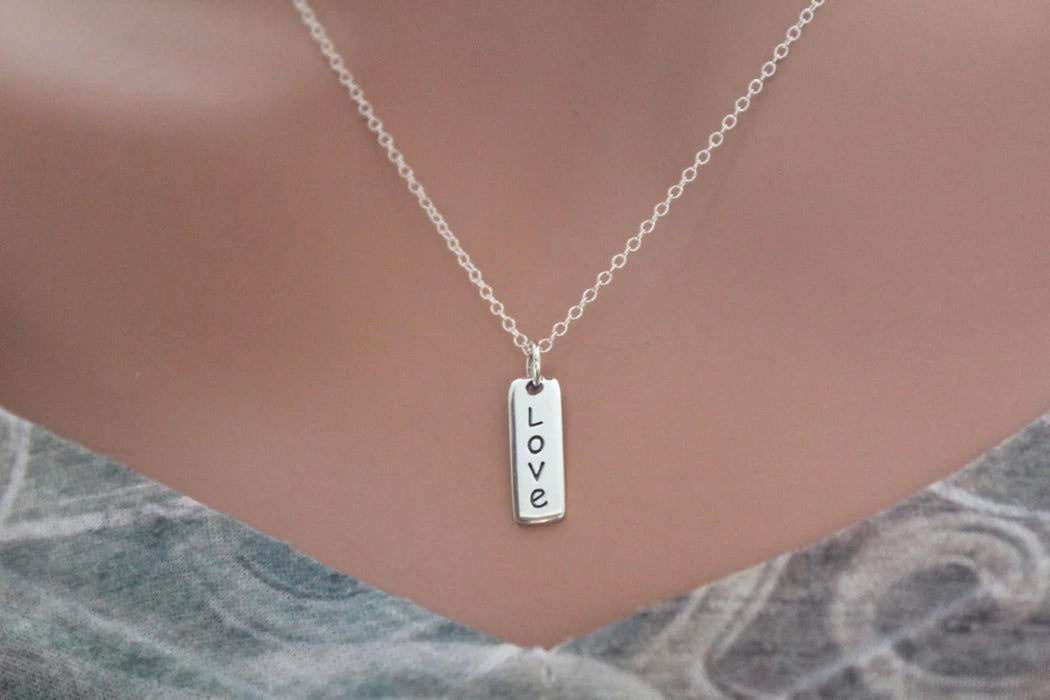 Sterling Silver Love Necklace – Vertical Word Charm on 16" Chain