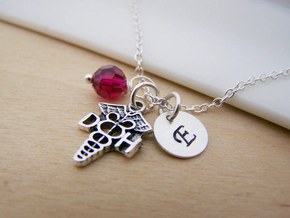 Dental Hygienist Necklace – Sterling Silver with Birthstone & Initial Charm