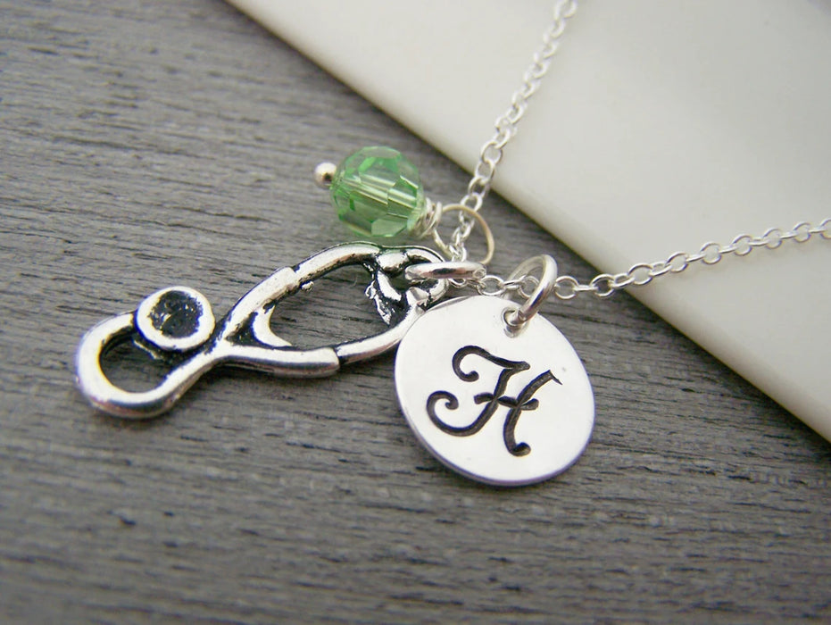 Stethoscope Necklace – Sterling Silver with Birthstone & Initial Charm