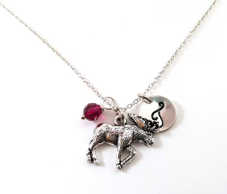 Personalized Moose Necklace – Moose Charm with Sterling Silver Chain, Birthstone & Initial