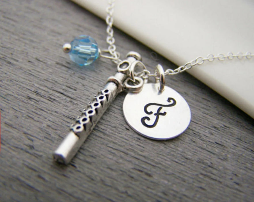 Flute Necklace – Sterling Silver with Birthstone & Initial Charm
