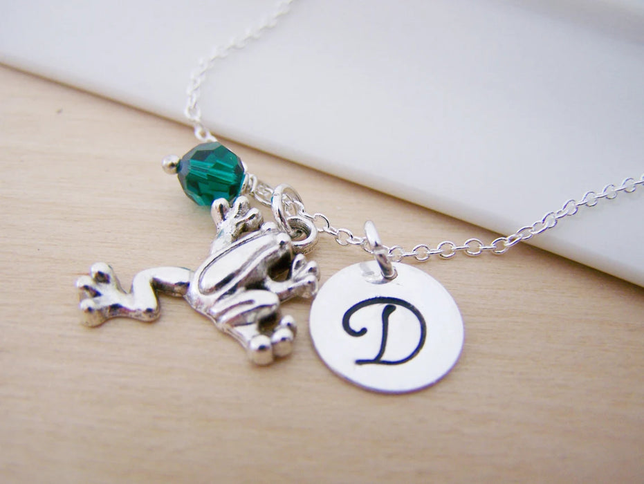 Frog Necklace – Sterling Silver with Birthstone & Initial Charm