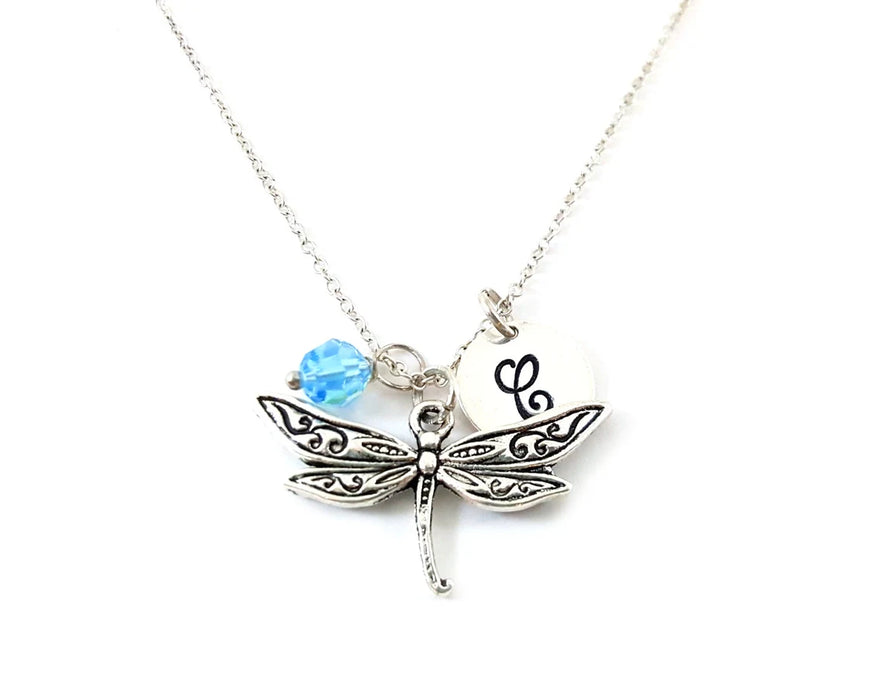 Personalized Dragonfly Necklace – Sterling Silver Chain with Birthstone & Initial