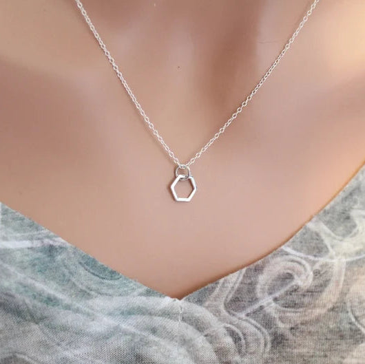 Tiny Hexagon Necklace – Sterling Silver Honeycomb Charm on 18" Chain