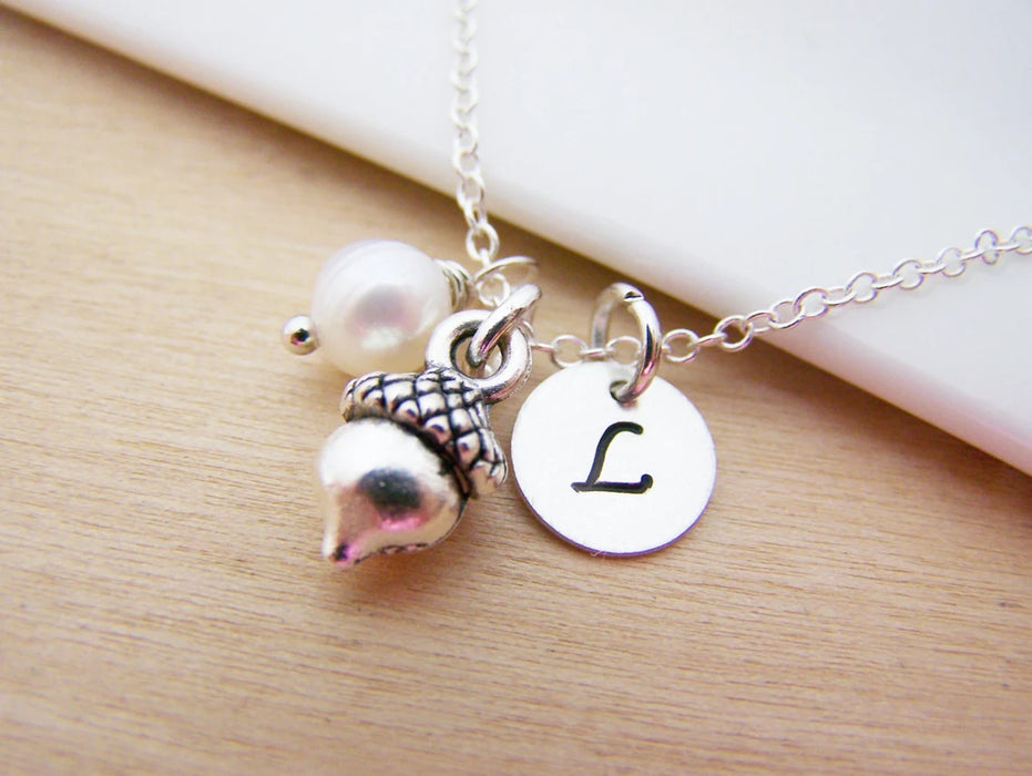 Tiny Acorn Necklace – Sterling Silver with Birthstone & Initial Charm