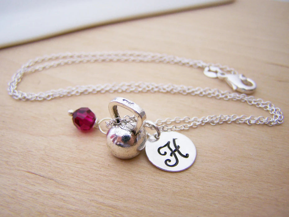 Kettlebell Necklace – Sterling Silver with Birthstone & Initial Charm