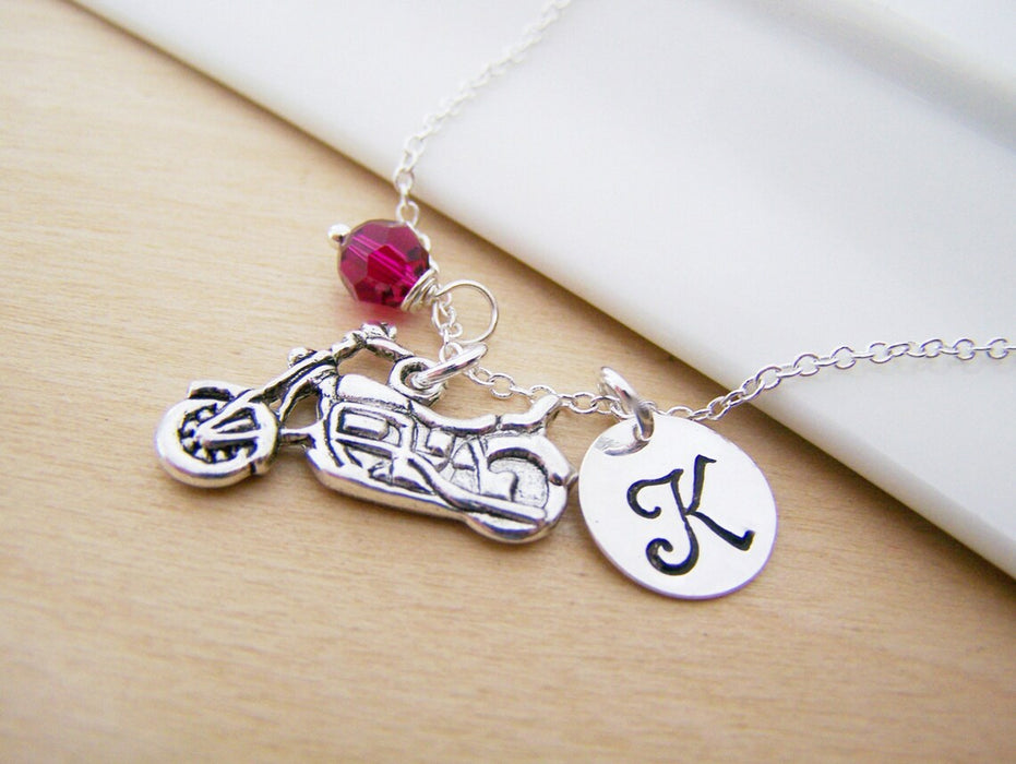 Personalized Motorcycle Necklace – Sterling Silver with Birthstone or Pearl