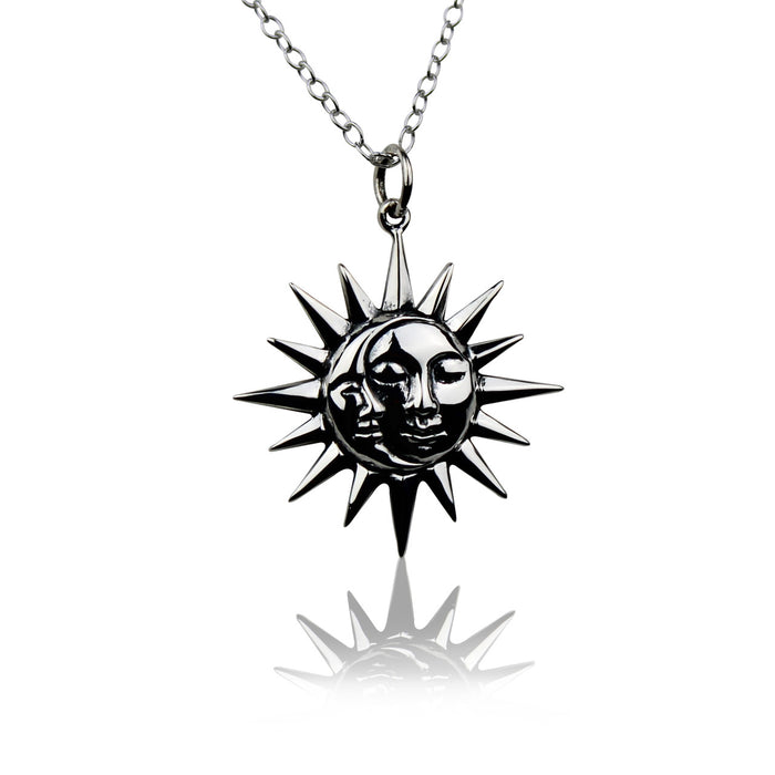 Moon and Sun Necklace – Sterling Silver Celestial Pendant with Faces on 16" Chain