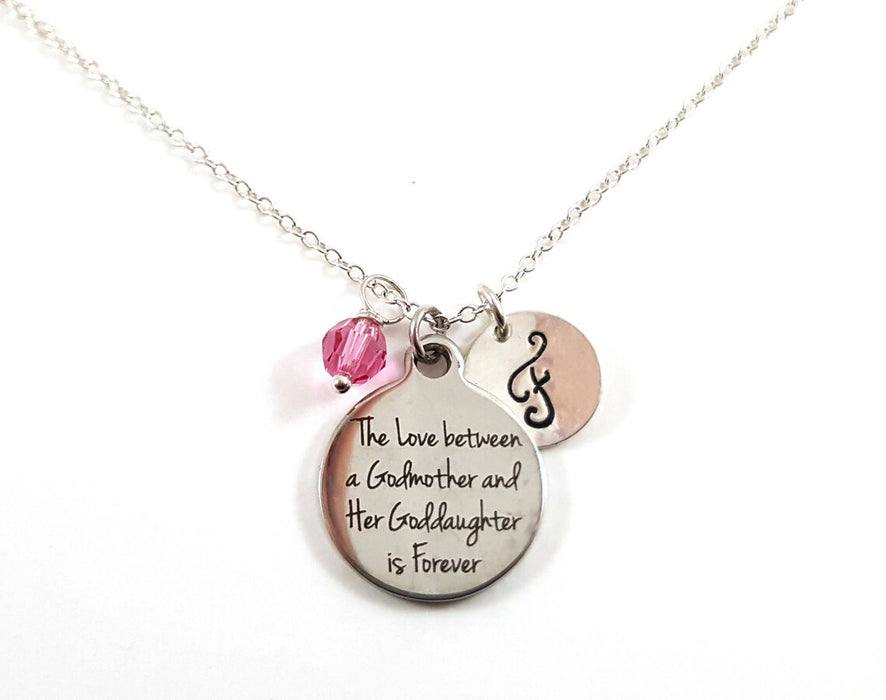 Godmother & Goddaughter Necklace – “The Love Between a Godmother and Her Goddaughter is Forever” – Sterling Silver with Birthstone & Initial