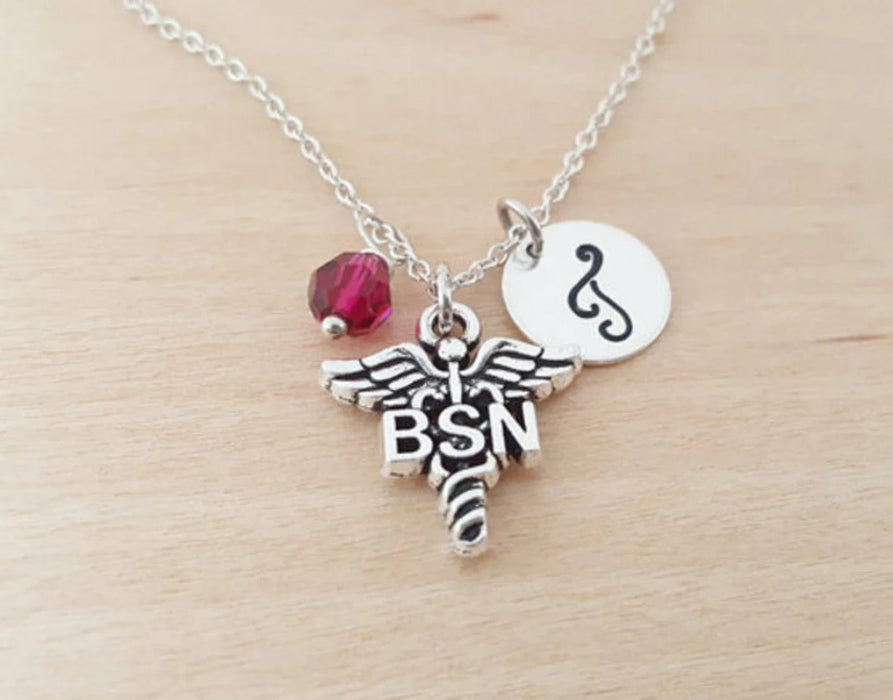 Personalized BSN Nurse Necklace – Sterling Silver Chain with Birthstone & Initial