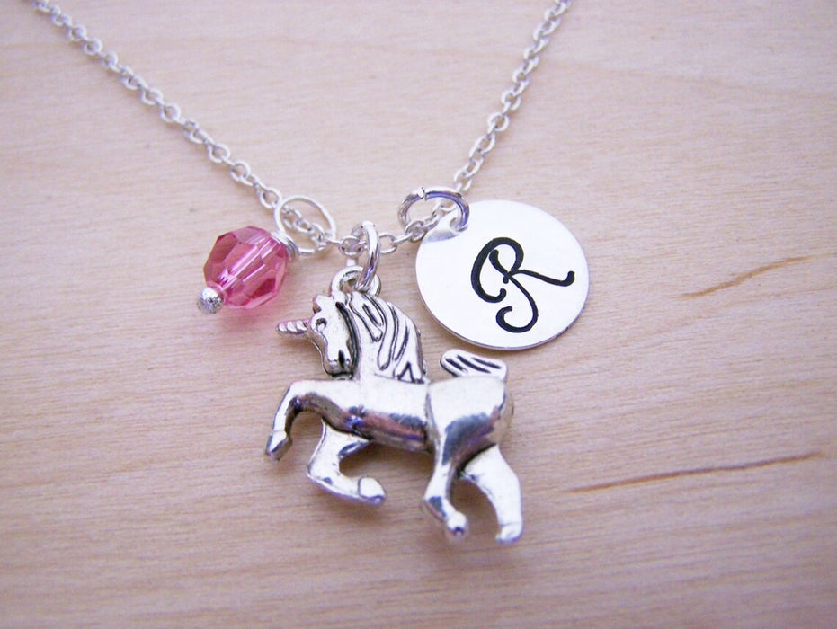 Unicorn Necklace – Sterling Silver with Birthstone & Initial Charm