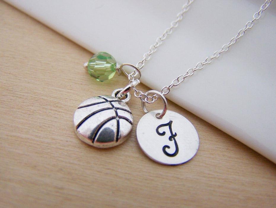 Basketball Necklace – Sterling Silver with Birthstone & Initial Charm