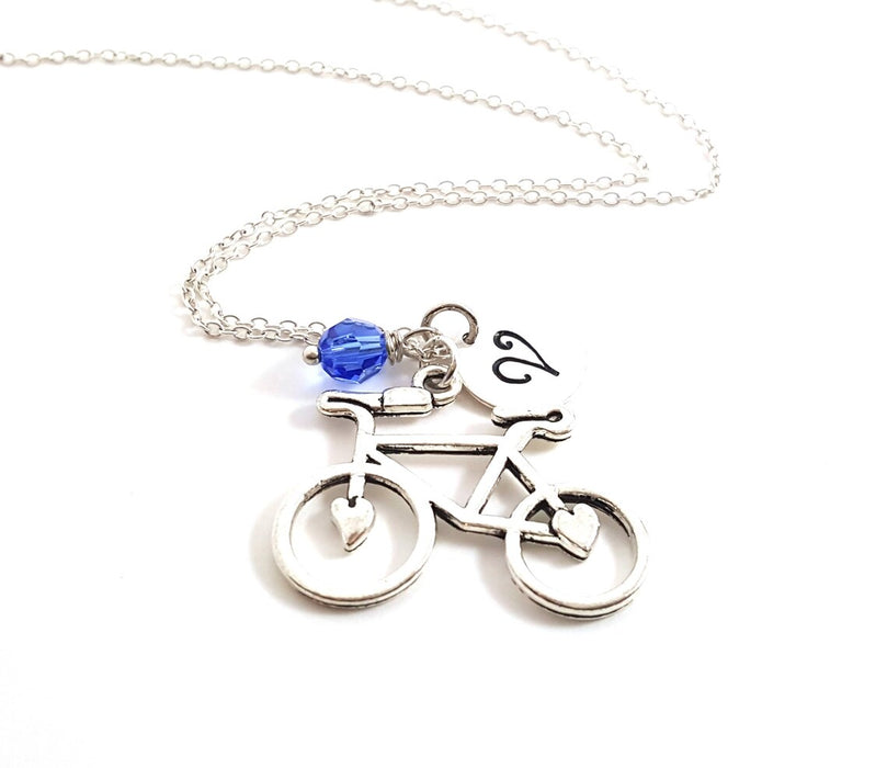 Personalized Bicycle Necklace – Sterling Silver Chain with Heart Charm, Birthstone & Initial