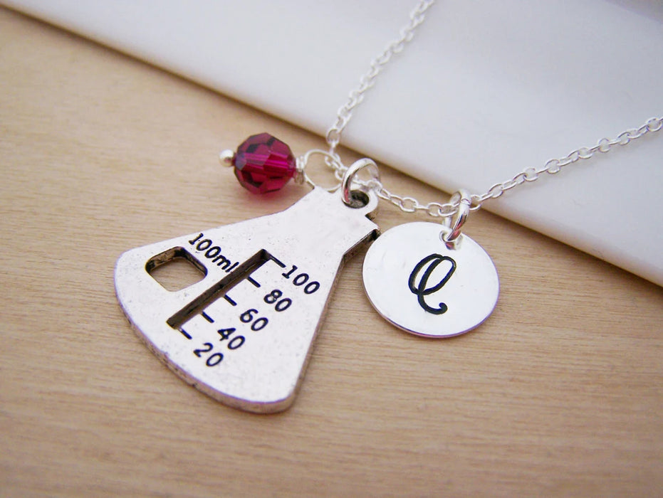 Chemistry Beaker Necklace – Sterling Silver with Birthstone & Initial Charm